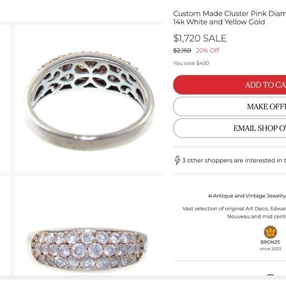 VINTAGE-14k Gold- Pink Diamond Ring -Size 9- 1 CT - Pink Champagne Diamond -4.2g - Picture 6 of 16